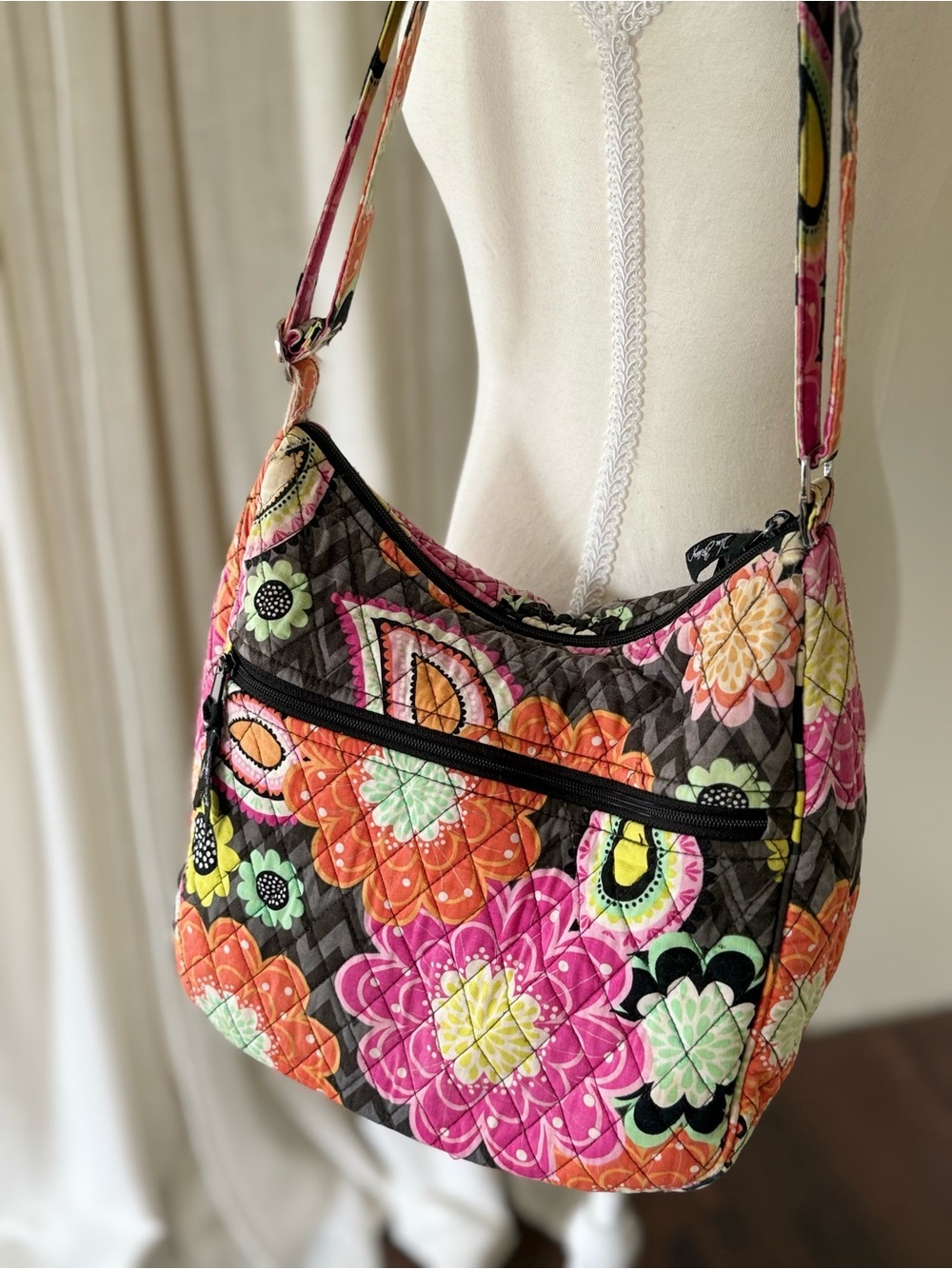 Vintage Vera Bradley Ziggy zinnia Cotton Quilted Floral Shoulder hobo Bag Pink - Picture 5 of 11